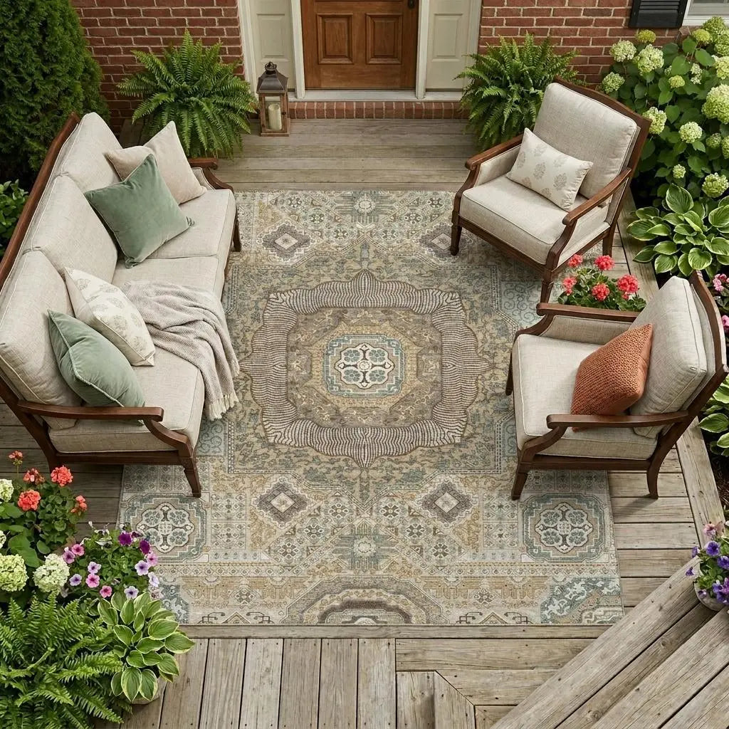 8' X 10' Beige And Ivory Oriental Washable Indoor Outdoor Area Rug Homeroots Outdoor