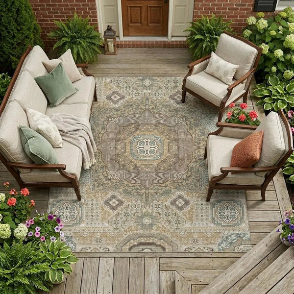 8' X 10' Beige And Ivory Oriental Washable Indoor Outdoor Area Rug Homeroots Outdoor