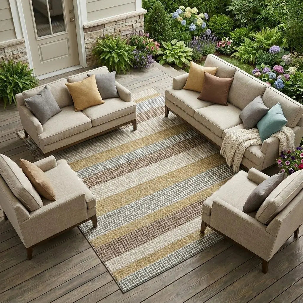 8' X 10' Beige And Ivory Striped Washable Indoor Outdoor Area Rug Homeroots Outdoor