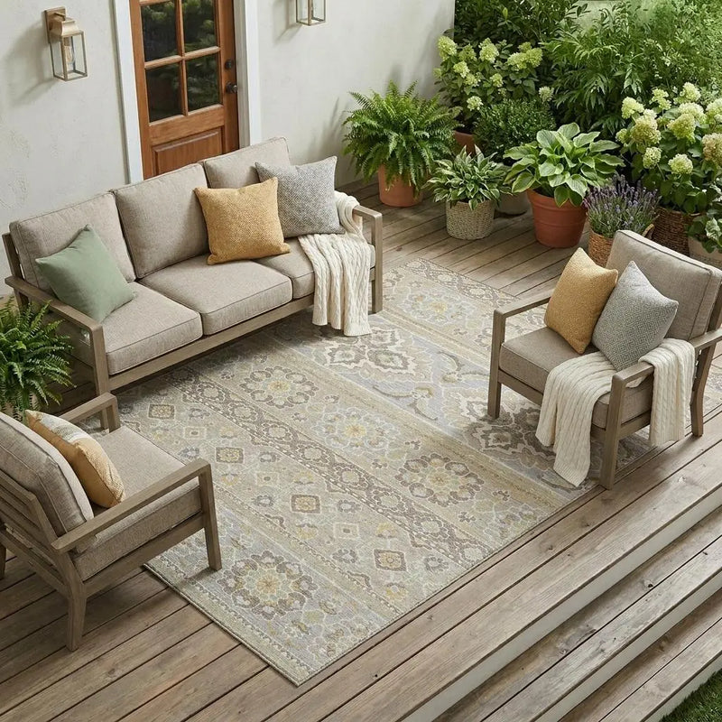 8' X 10' Beige And Ivory Tribal Washable Indoor Outdoor Area Rug Homeroots Outdoor