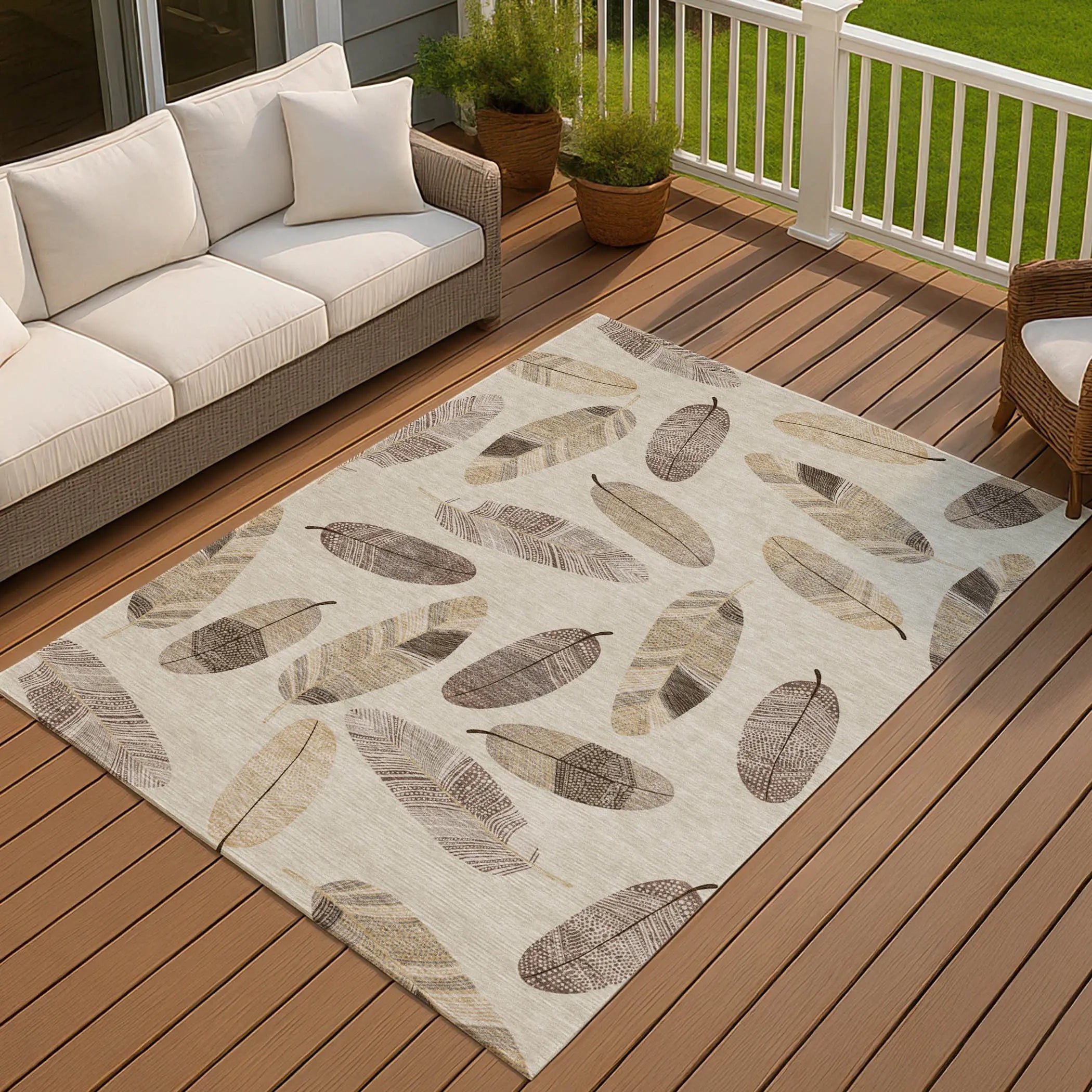 8' X 10' Beige And Sky Blue Botanical Leaves Washable Indoor Outdoor Area Rug Homeroots Outdoor