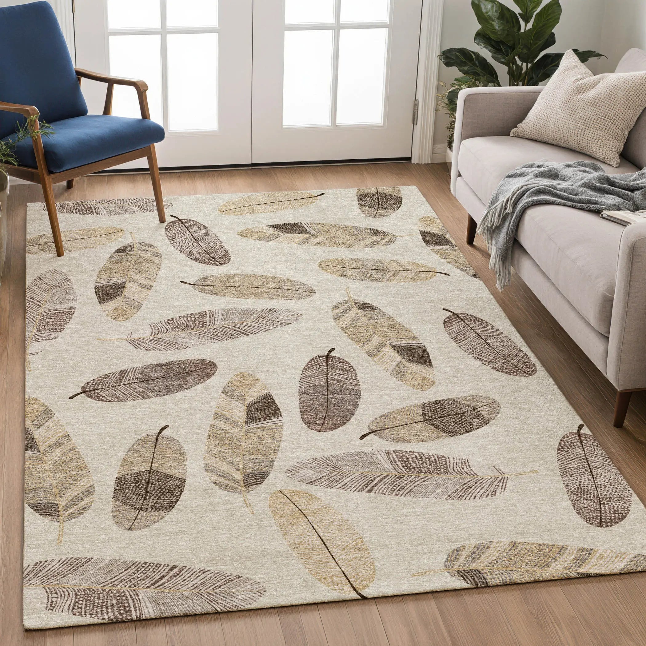 8' X 10' Beige And Sky Blue Botanical Leaves Washable Indoor Outdoor Area Rug Homeroots Outdoor