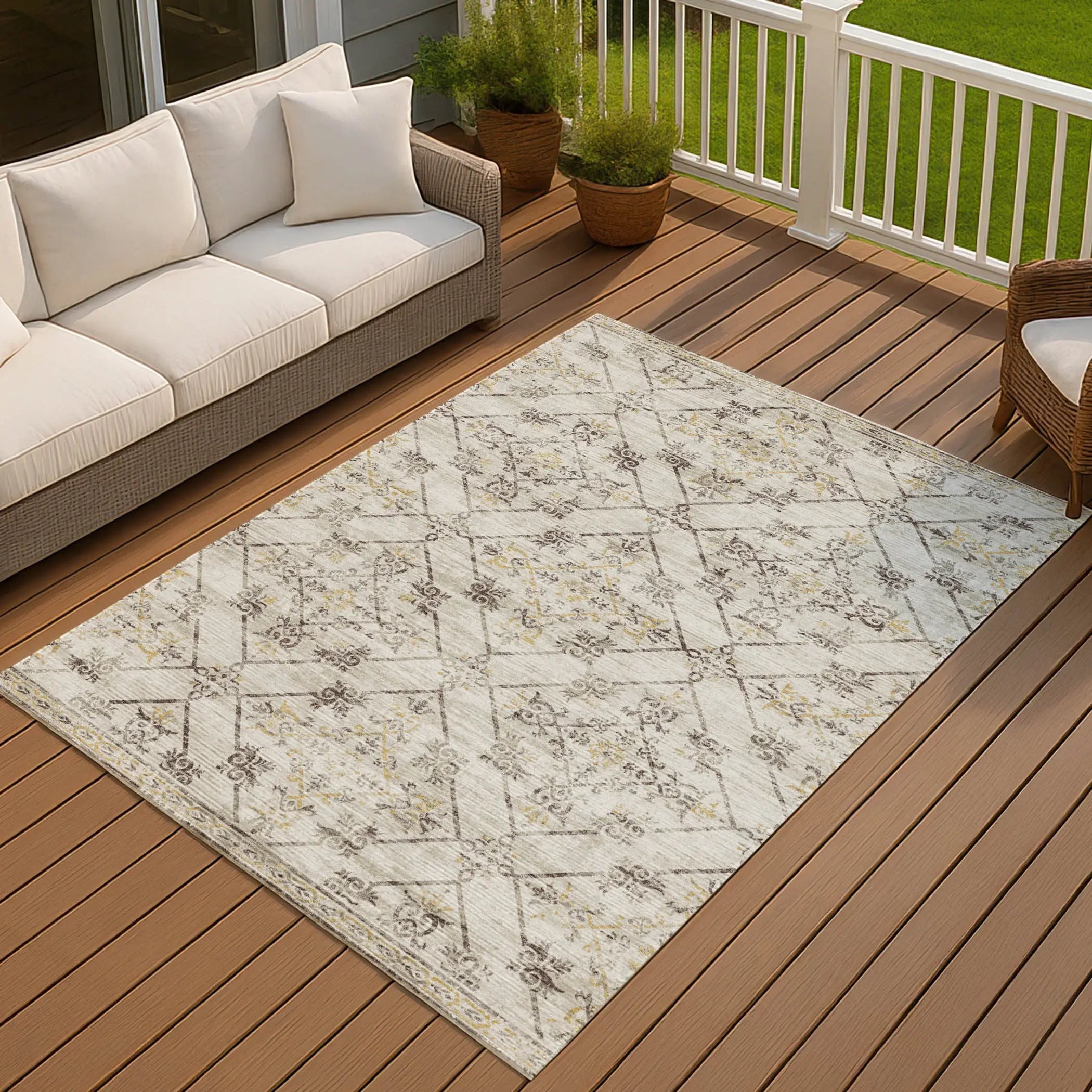 8' X 10' Beige And Sky Blue Geometric Washable Indoor Outdoor Area Rug Homeroots Outdoor