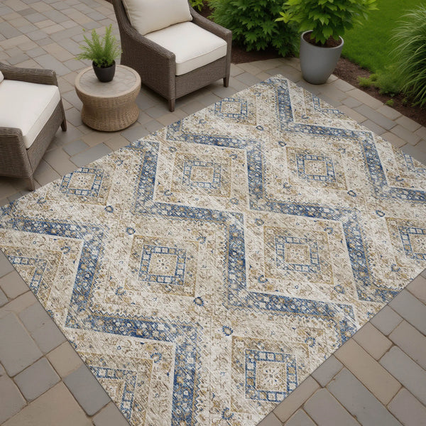 8' X 10' Beige And Teal Blue Tribal Washable Indoor Outdoor Area Rug Homeroots Outdoor