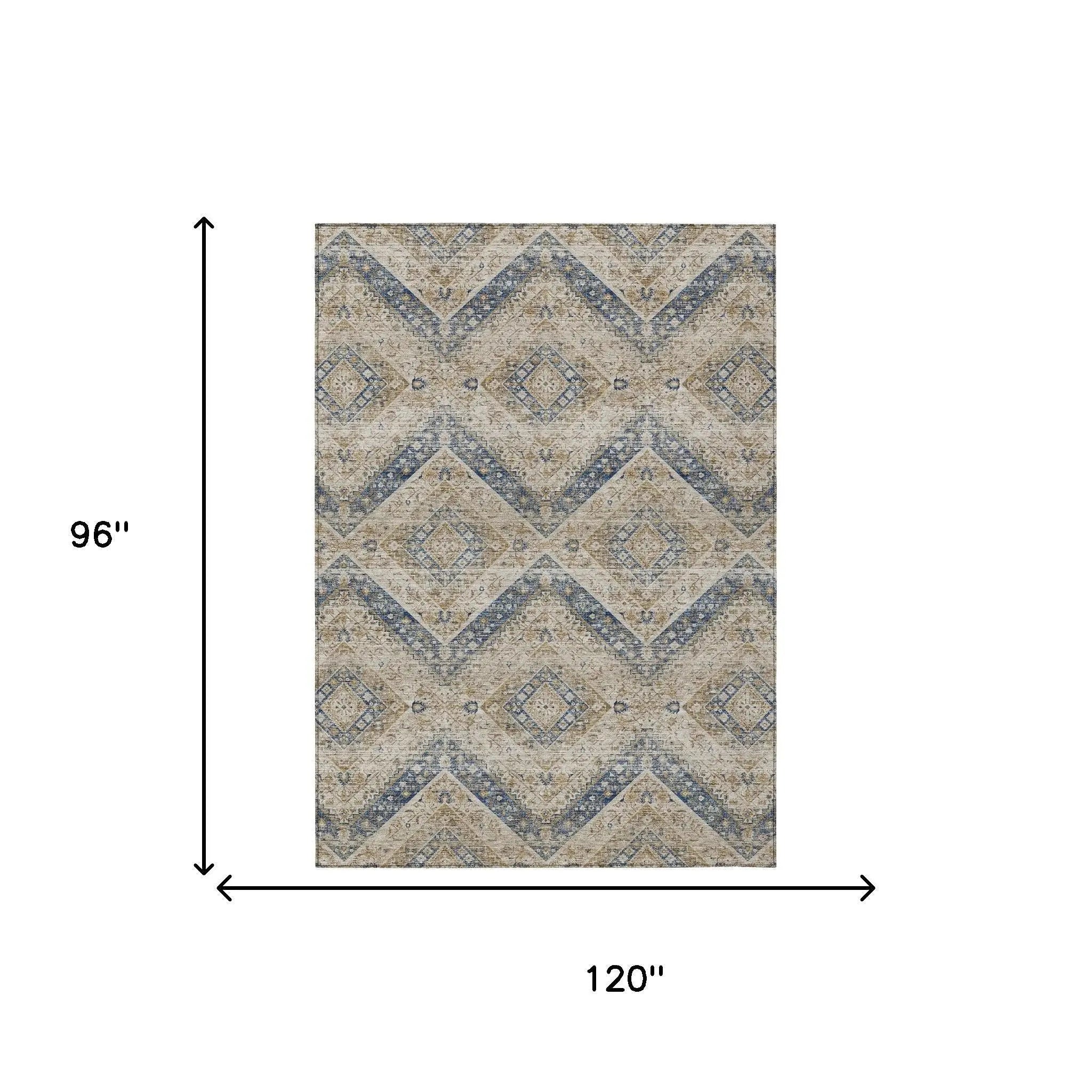8' X 10' Beige And Teal Blue Tribal Washable Indoor Outdoor Area Rug Homeroots Outdoor