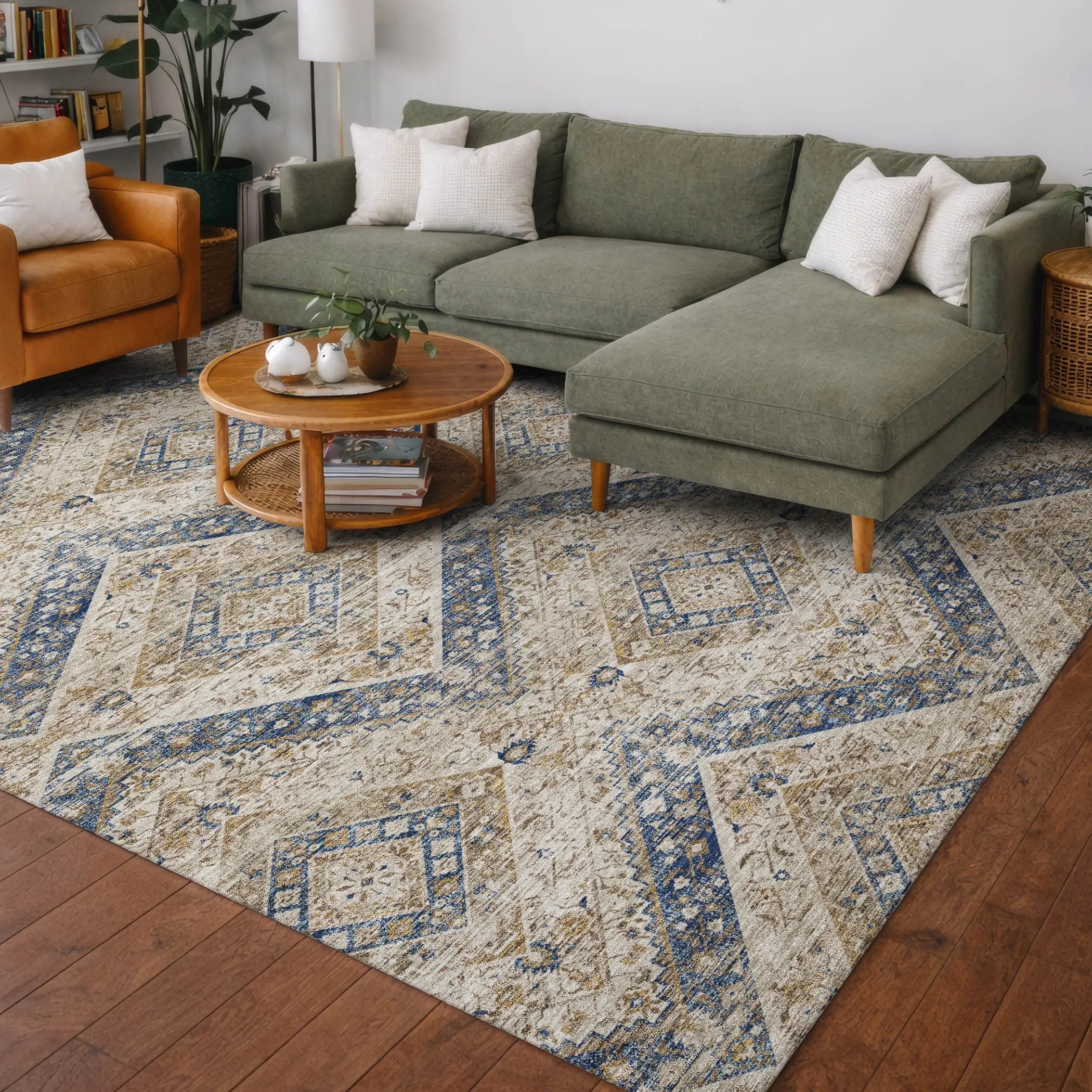 8' X 10' Beige And Teal Blue Tribal Washable Indoor Outdoor Area Rug Homeroots Outdoor