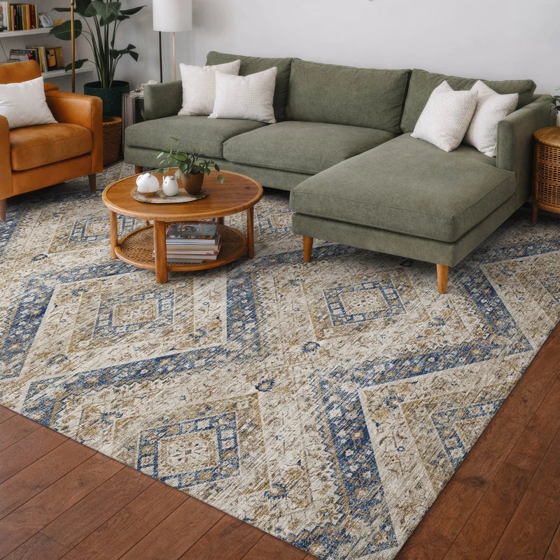 8' X 10' Beige And Teal Blue Tribal Washable Indoor Outdoor Area Rug Homeroots Outdoor