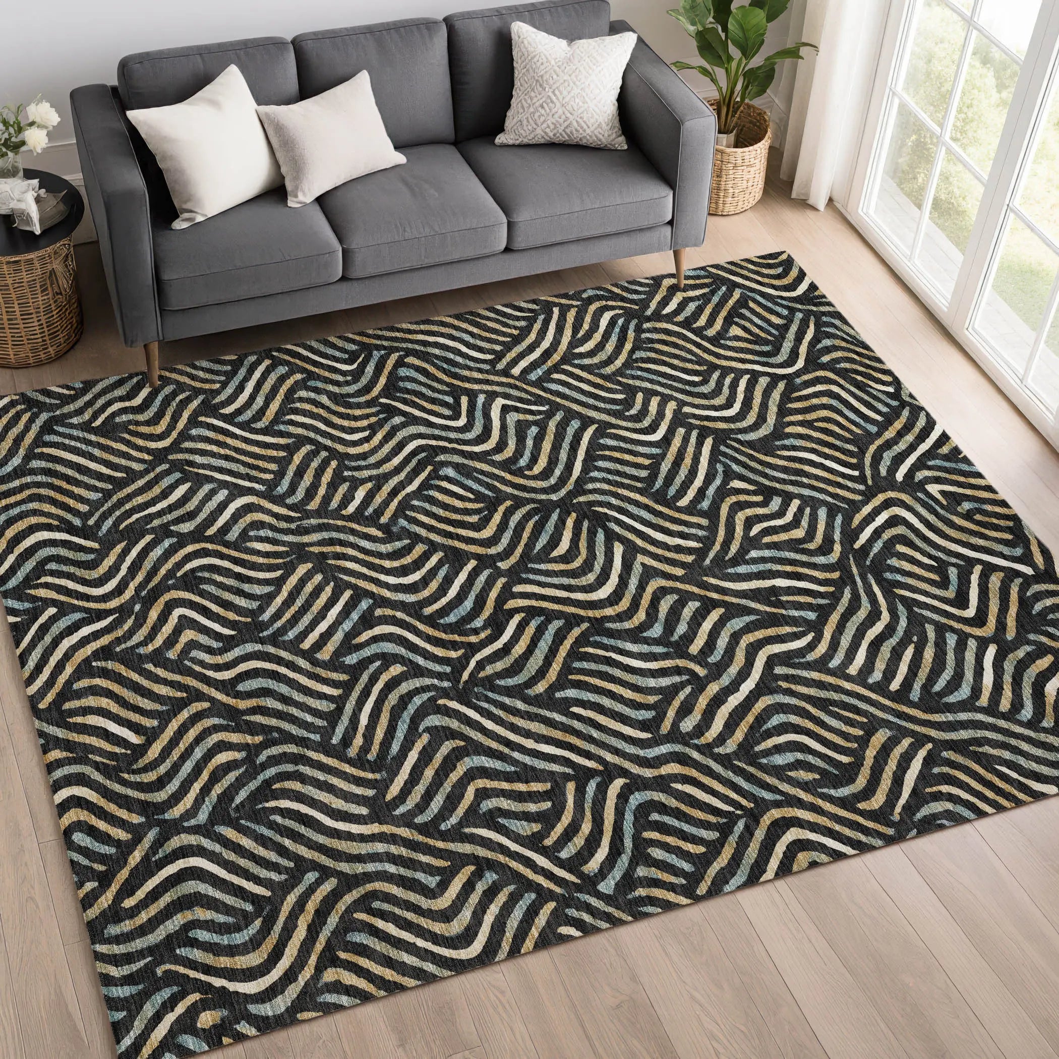 8' X 10' Black And Beige Abstract Washable Indoor Outdoor Area Rug Homeroots Outdoor