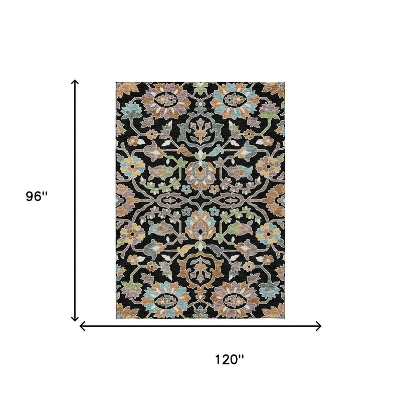 8' X 10' Black And Beige Floral Washable Indoor Outdoor Area Rug Homeroots Outdoor