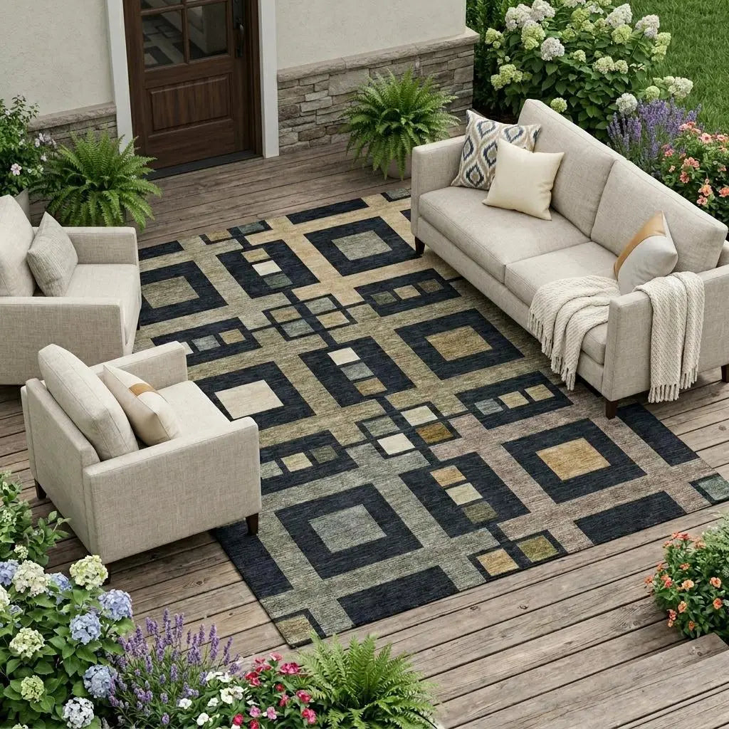 8' X 10' Black And Beige Geometric Washable Indoor Outdoor Area Rug Homeroots Outdoor