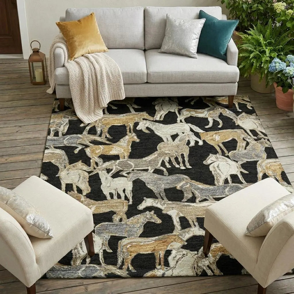 8' X 10' Black And Beige Horse Washable Indoor Outdoor Area Rug Homeroots Outdoor