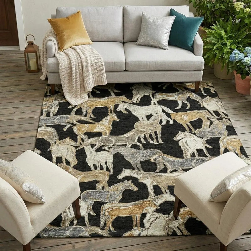 8' X 10' Black And Beige Horse Washable Indoor Outdoor Area Rug Homeroots Outdoor