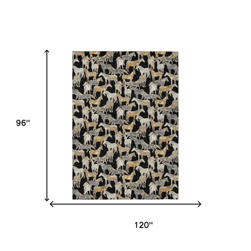8' X 10' Black And Beige Horse Washable Indoor Outdoor Area Rug Homeroots Outdoor