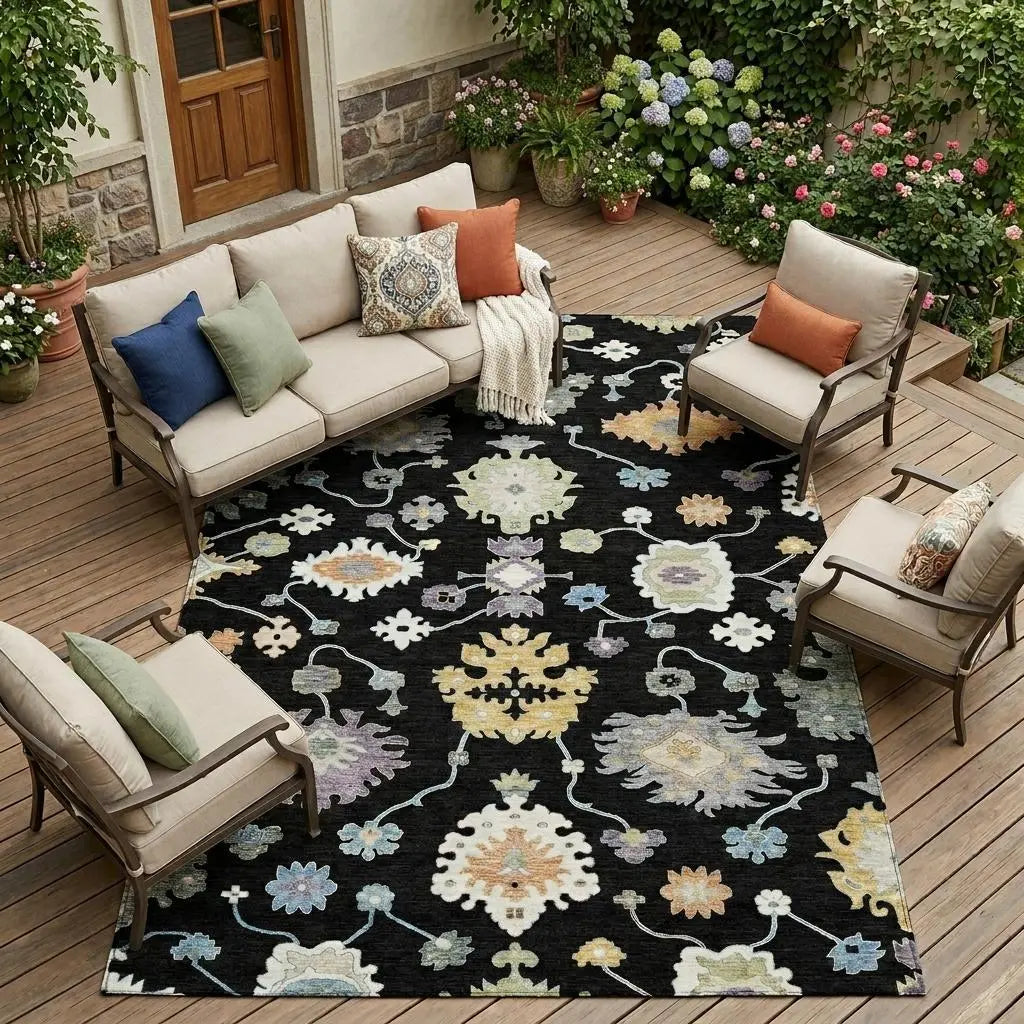 8' X 10' Black And Beige Oriental Washable Indoor Outdoor Area Rug Homeroots Outdoor