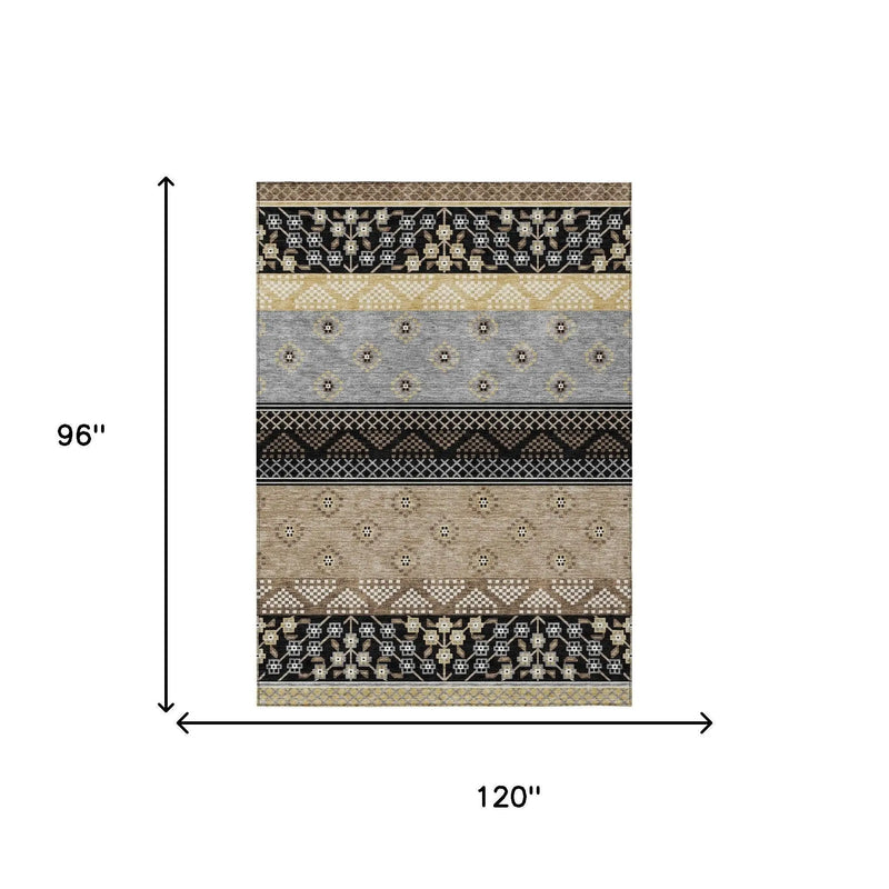 8' X 10' Black And Beige Striped Washable Indoor Outdoor Area Rug Homeroots Outdoor