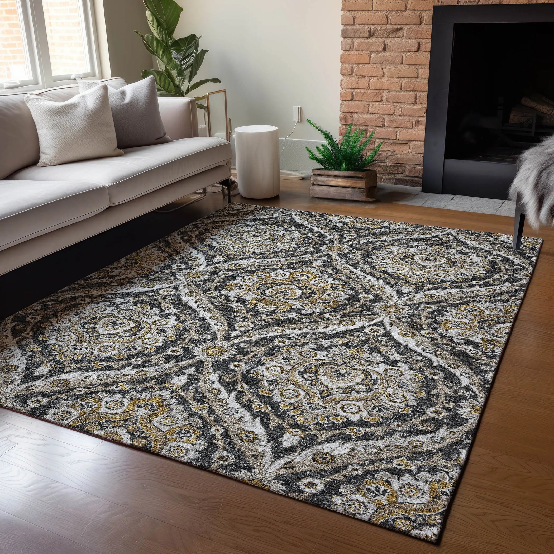 8' X 10' Black And Blue Floral Washable Indoor Outdoor Area Rug Homeroots Outdoor