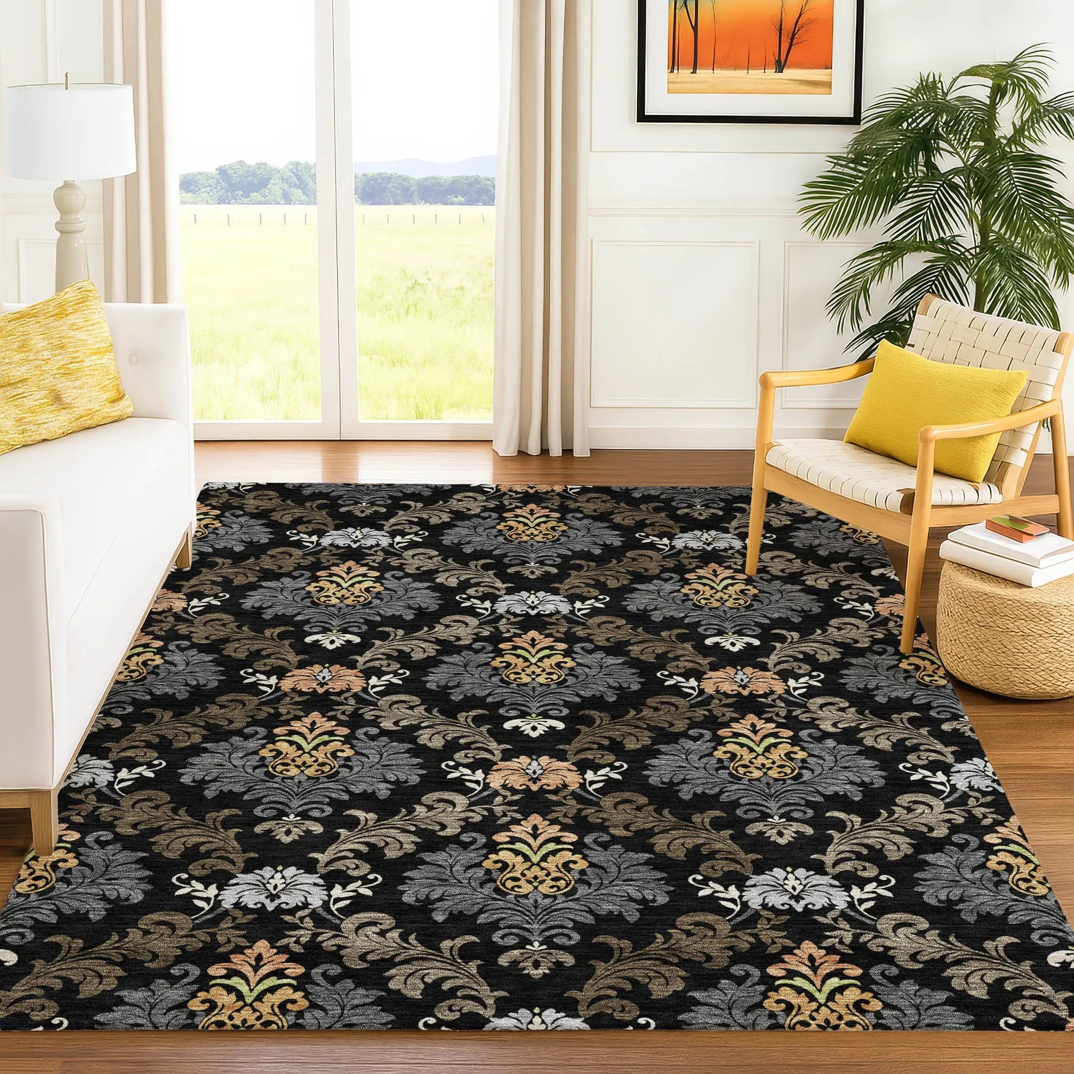8' X 10' Black And Charcoal Damask Washable Indoor Outdoor Area Rug Homeroots Outdoor