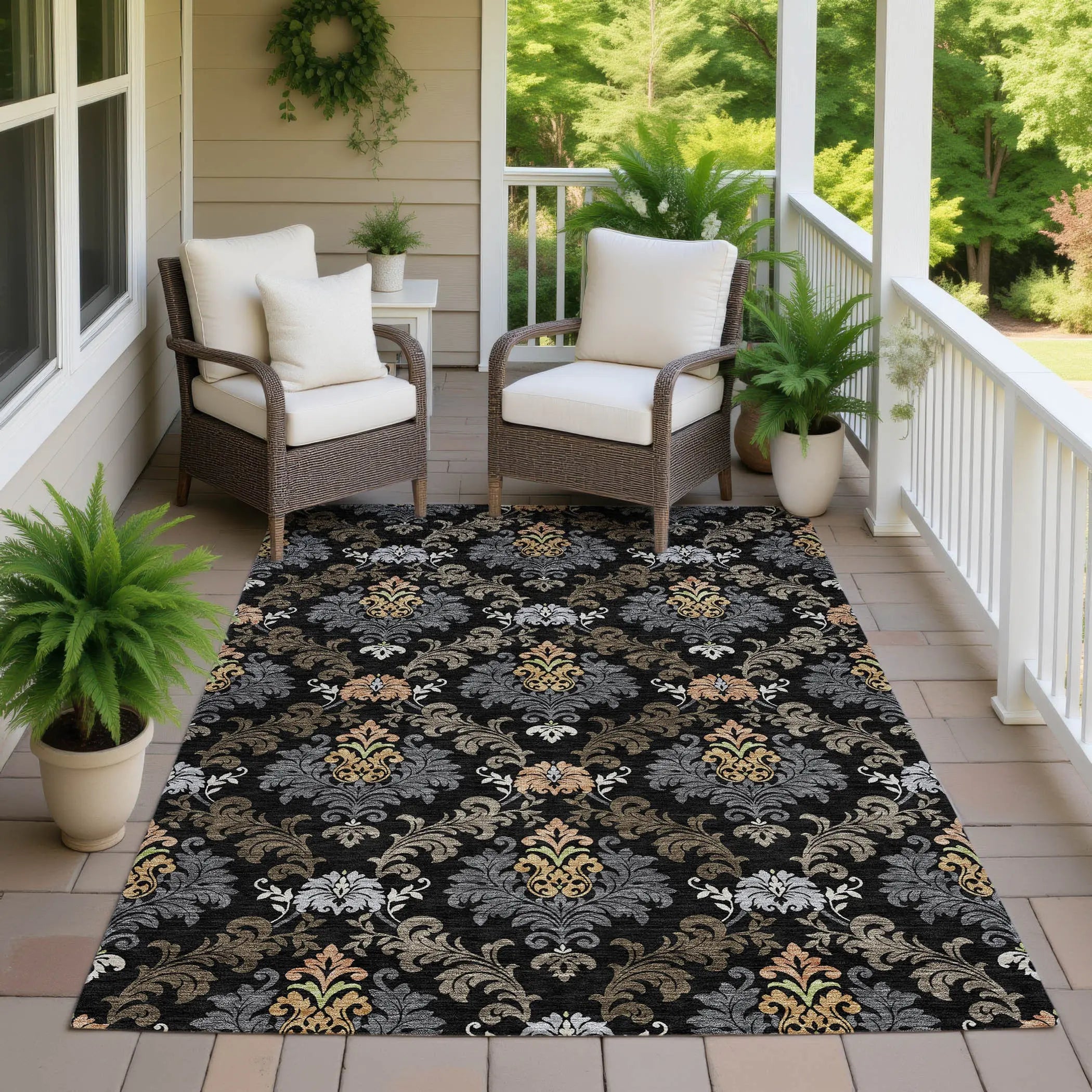8' X 10' Black And Charcoal Damask Washable Indoor Outdoor Area Rug Homeroots Outdoor