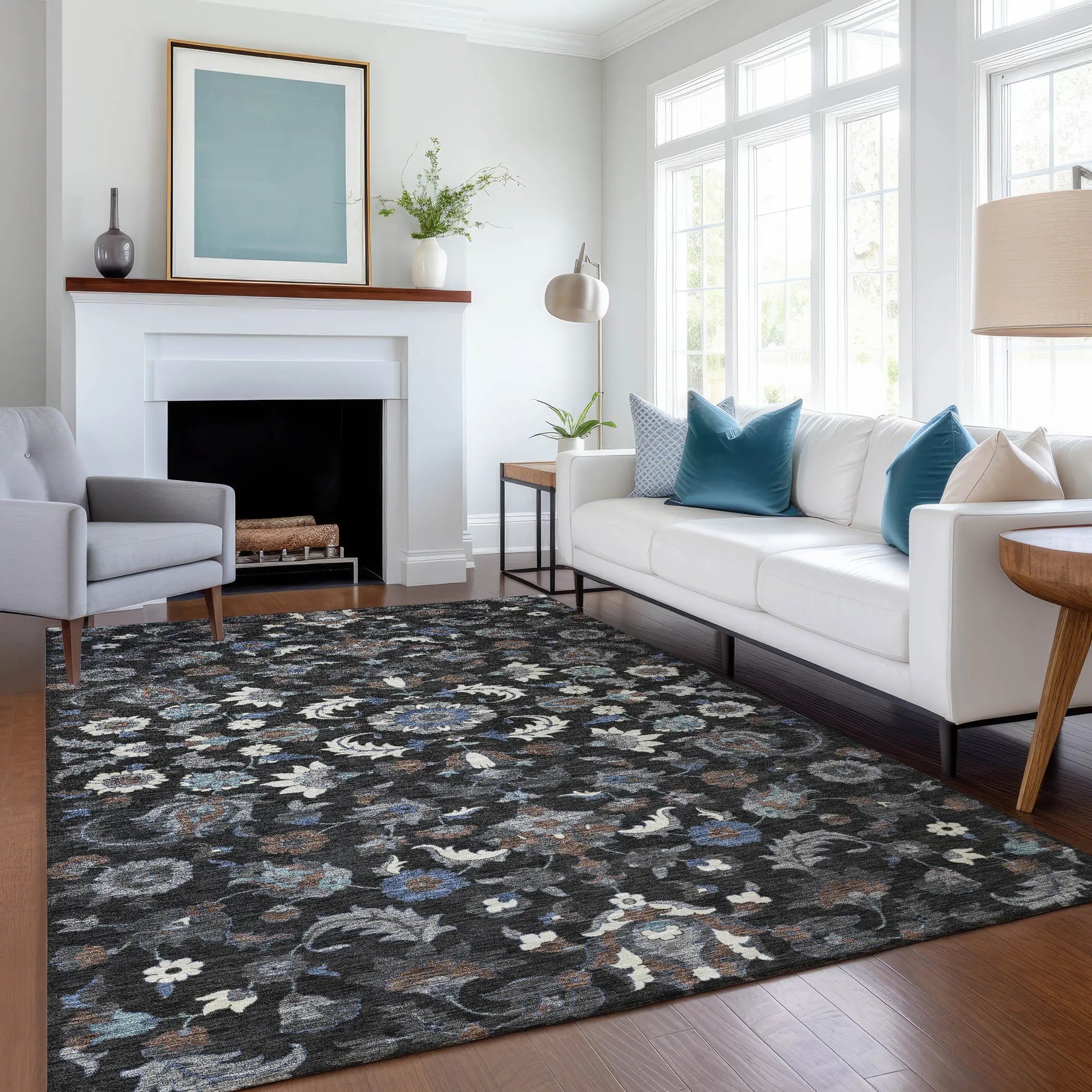 8' X 10' Black And Charcoal Floral Medallion Washable Indoor Outdoor Area Rug Homeroots Outdoor