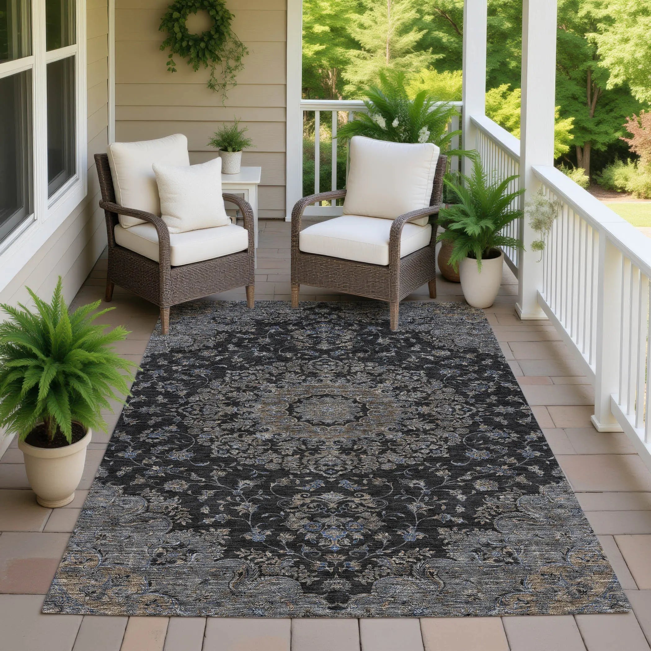 8' X 10' Black And Charcoal Floral Medallion Washable Indoor Outdoor Area Rug Homeroots Outdoor
