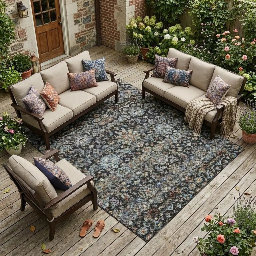 8' X 10' Black And Charcoal Floral Medallion Washable Indoor Outdoor Area Rug Homeroots Outdoor