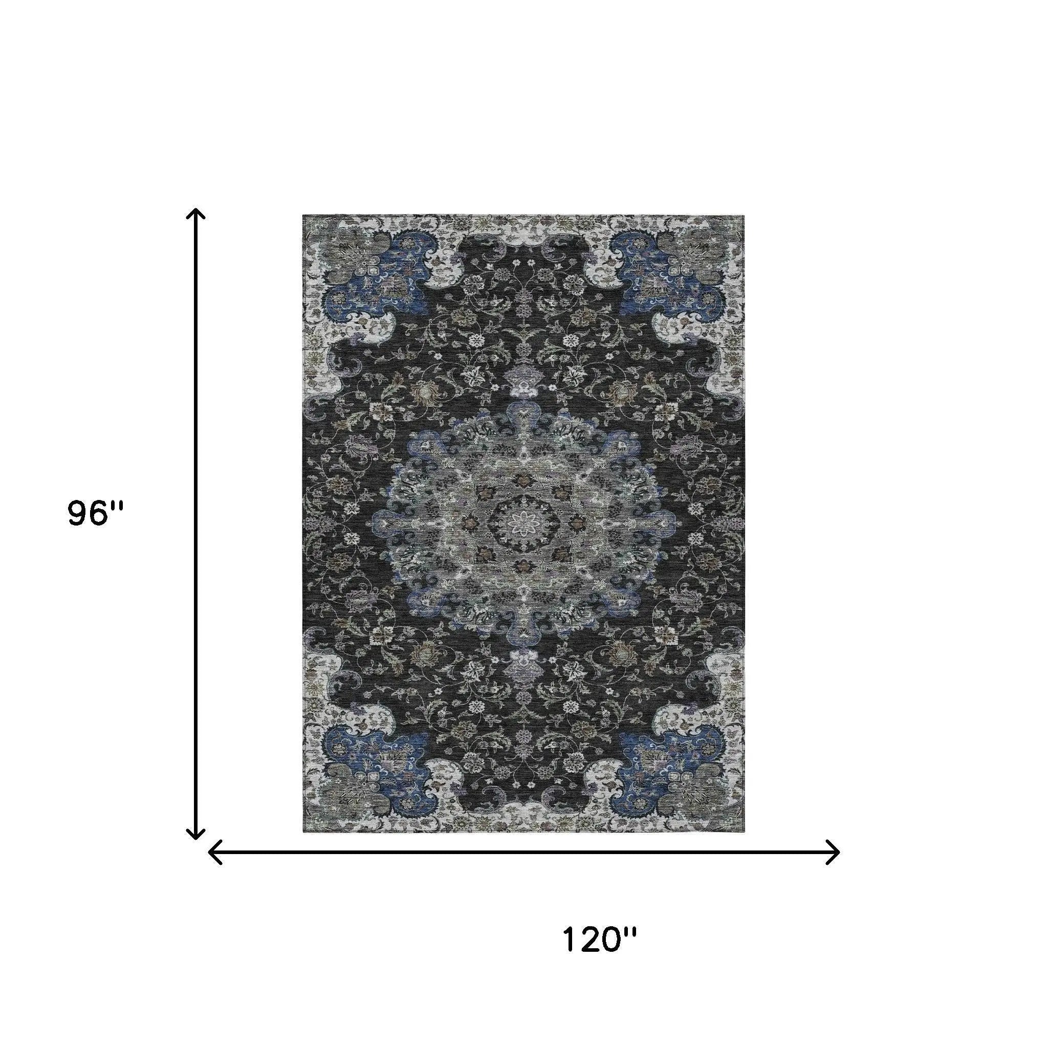 8' X 10' Black And Charcoal Floral Medallion Washable Indoor Outdoor Area Rug Homeroots Outdoor