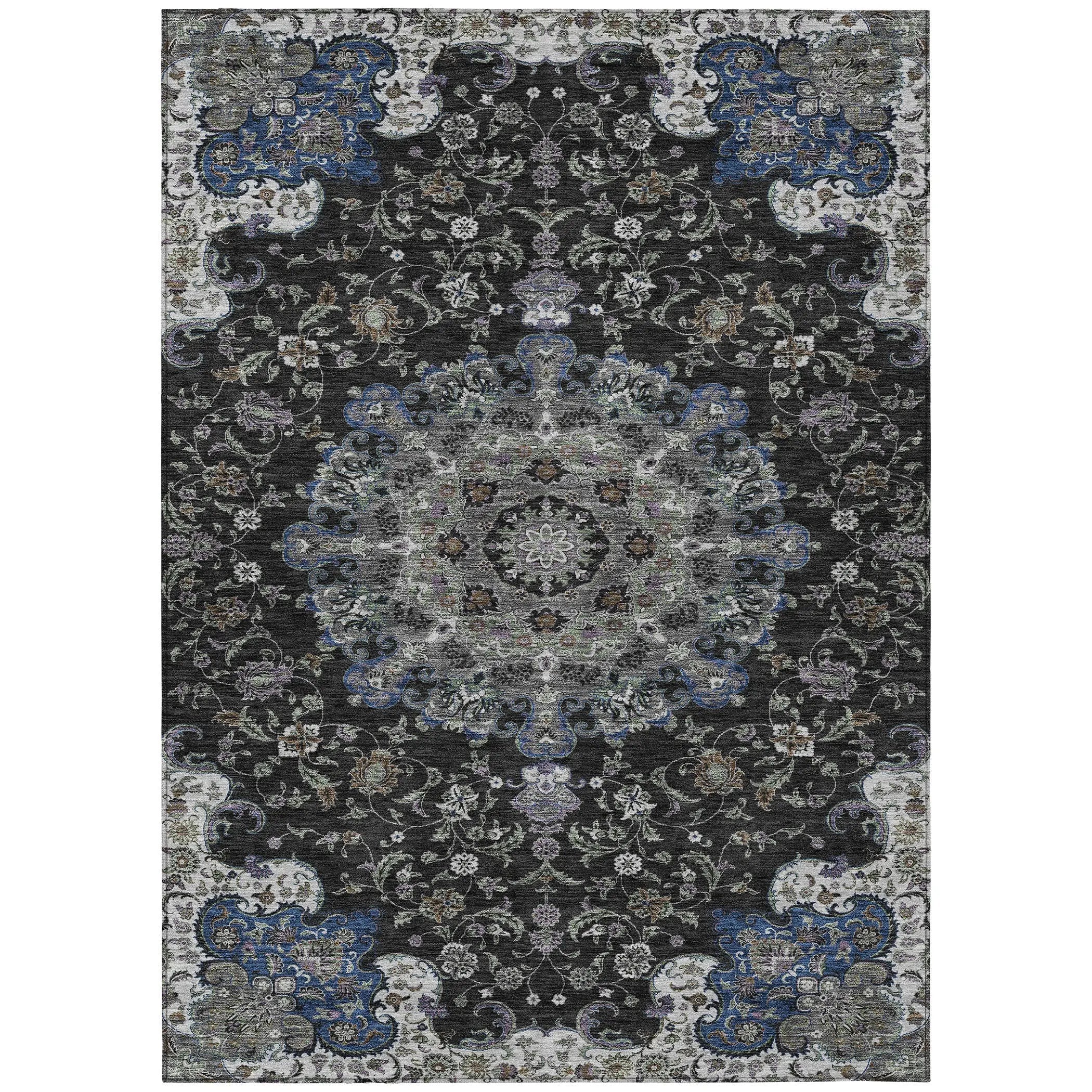 8' X 10' Black And Charcoal Floral Medallion Washable Indoor Outdoor Area Rug Homeroots Outdoor