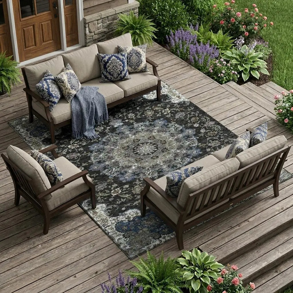 8' X 10' Black And Charcoal Floral Medallion Washable Indoor Outdoor Area Rug Homeroots Outdoor