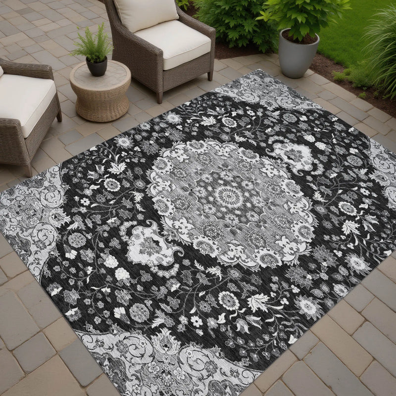 8' X 10' Black And Granite Gray Damask Washable Indoor Outdoor Area Rug Homeroots Outdoor