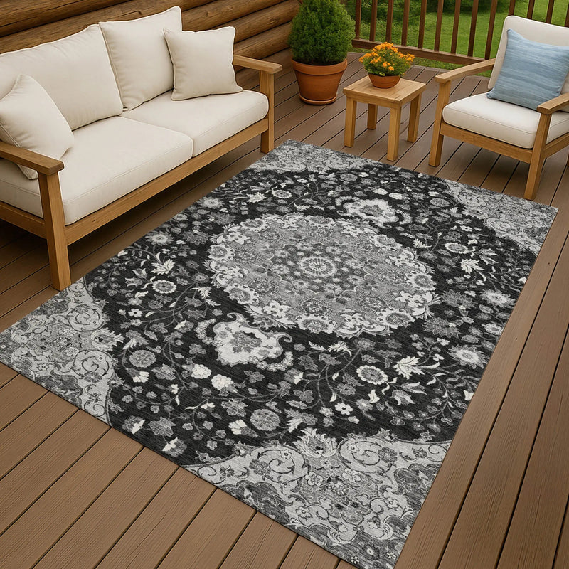 8' X 10' Black And Granite Gray Damask Washable Indoor Outdoor Area Rug Homeroots Outdoor