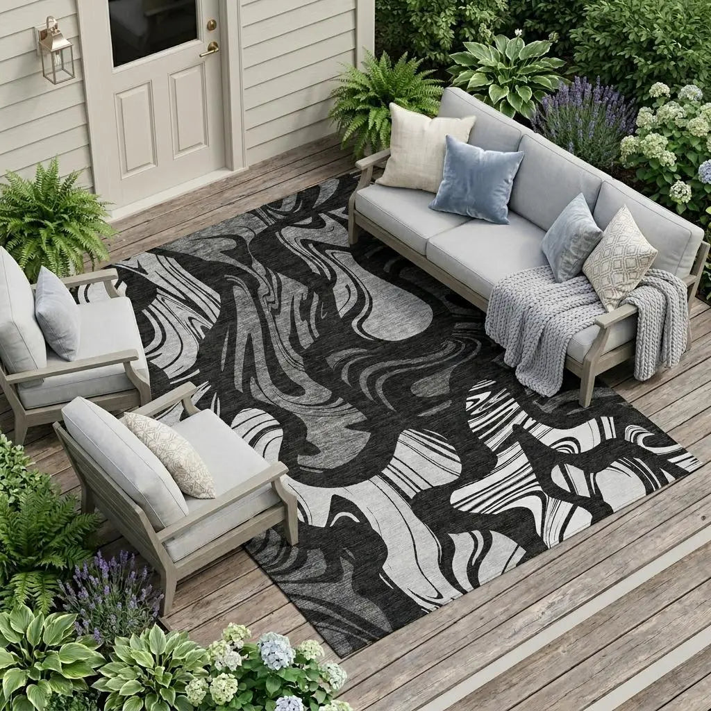 8' X 10' Black And Graphite Abstract Washable Indoor Outdoor Area Rug Homeroots Outdoor