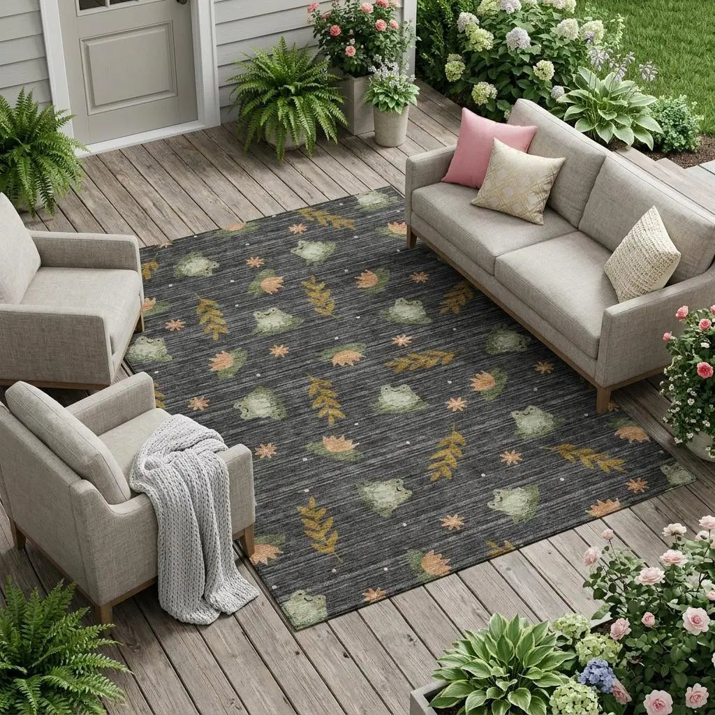 8' X 10' Black And Graphite Botanical Leaves Washable Indoor Outdoor Area Rug Homeroots Outdoor
