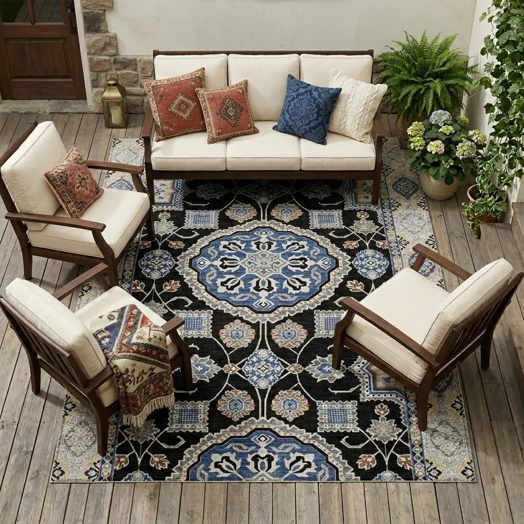 8' X 10' Black And Graphite Floral Medallion Washable Indoor Outdoor Area Rug Homeroots Outdoor