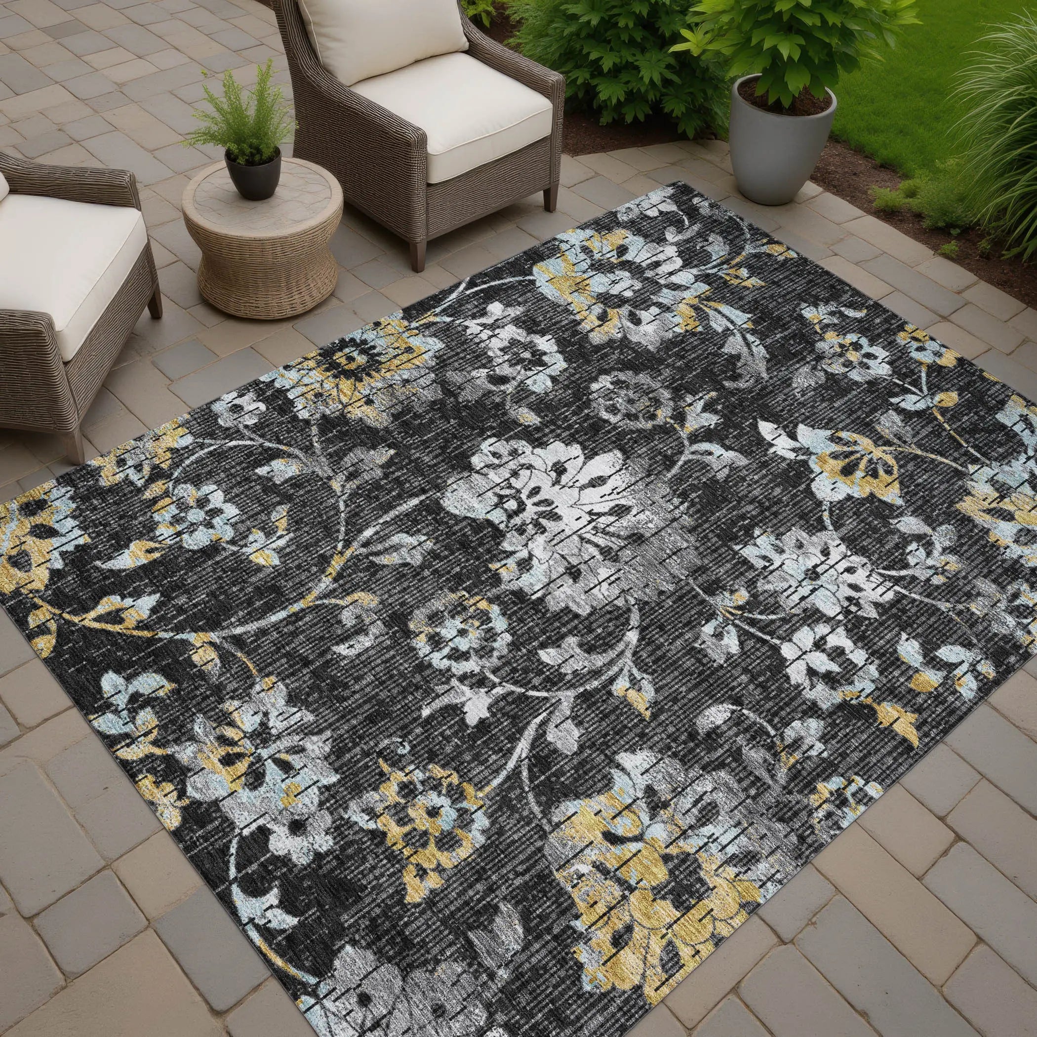 8' X 10' Black And Graphite Floral Washable Indoor Outdoor Area Rug Homeroots Outdoor