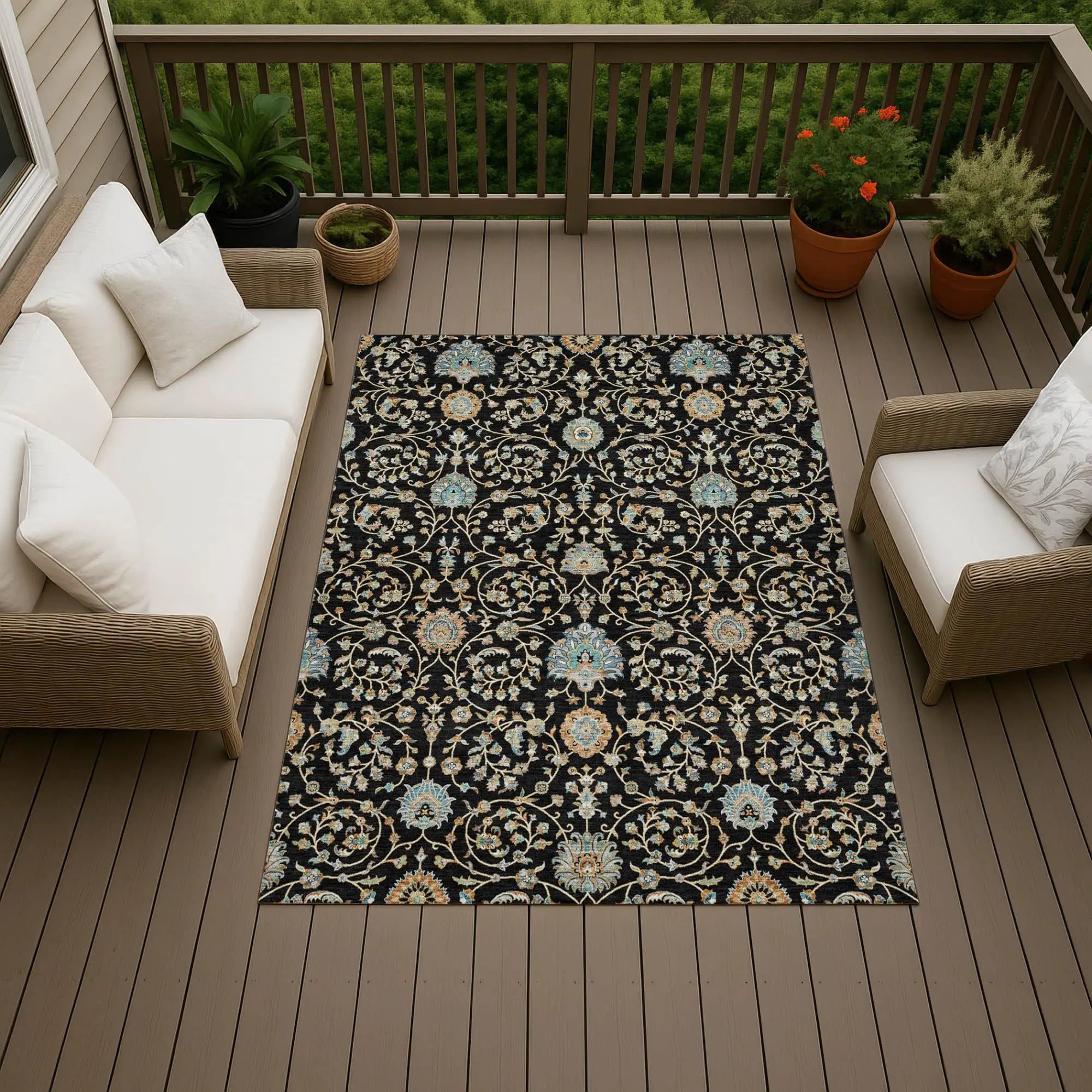 8' X 10' Black And Graphite Floral Washable Indoor Outdoor Area Rug Homeroots Outdoor