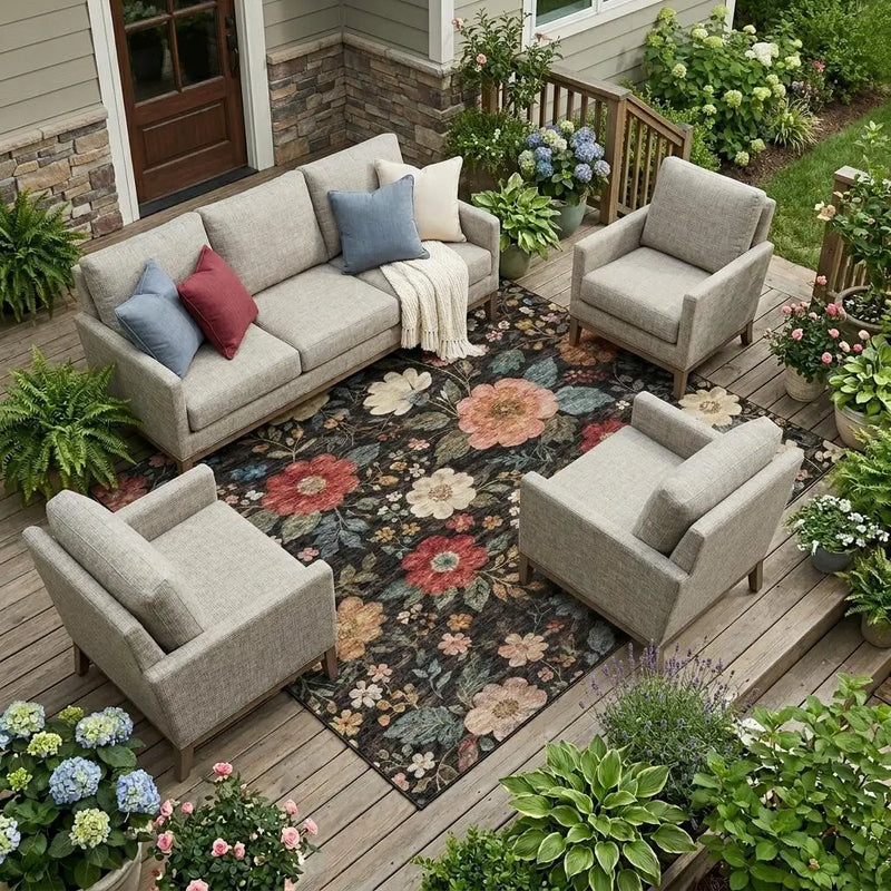 8' X 10' Black And Graphite Floral Washable Indoor Outdoor Area Rug Homeroots Outdoor
