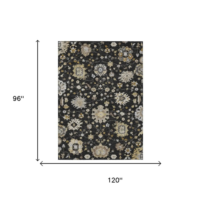 8' X 10' Black And Graphite Floral Washable Indoor Outdoor Area Rug Homeroots Outdoor