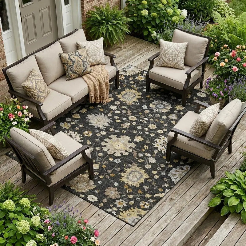8' X 10' Black And Graphite Floral Washable Indoor Outdoor Area Rug Homeroots Outdoor
