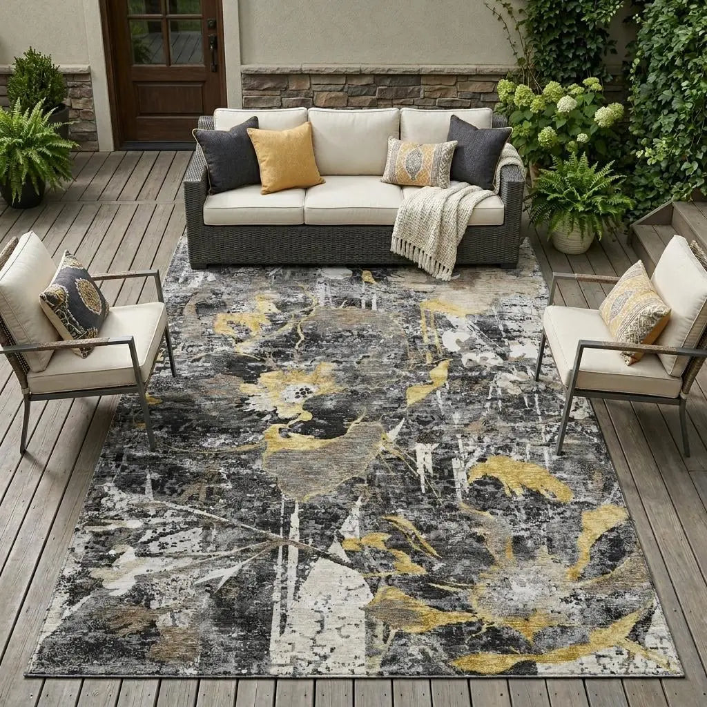 8' X 10' Black And Graphite Floral Washable Indoor Outdoor Area Rug Homeroots Outdoor