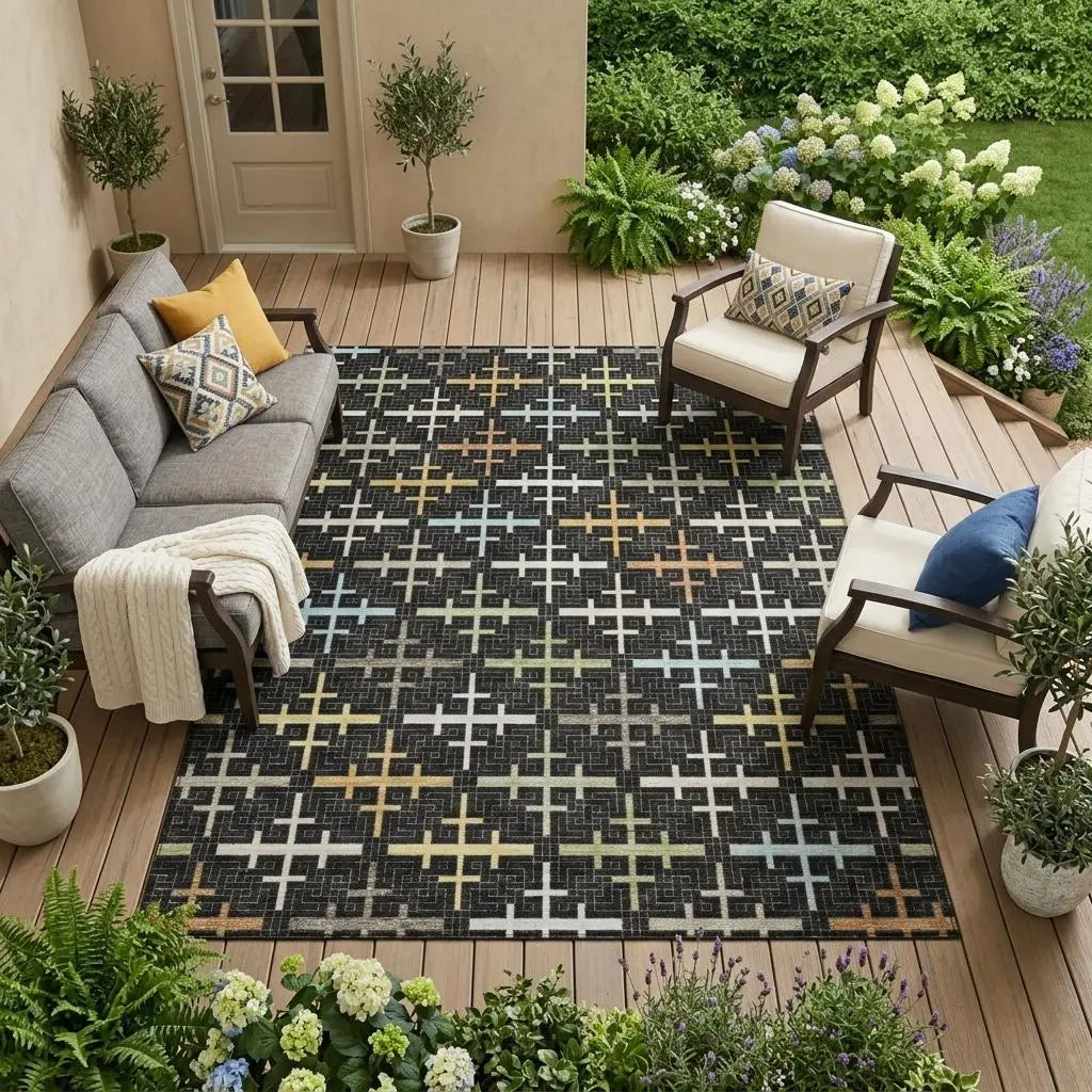 8' X 10' Black And Graphite Geometric Washable Indoor Outdoor Area Rug Homeroots Outdoor