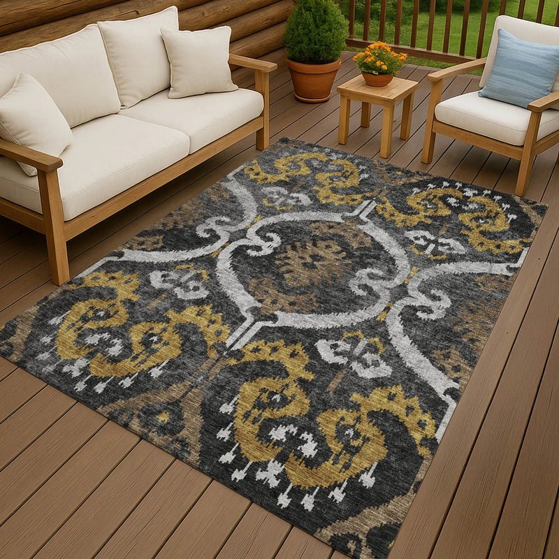 8' X 10' Black And Graphite Ikat Washable Indoor Outdoor Area Rug Homeroots Outdoor