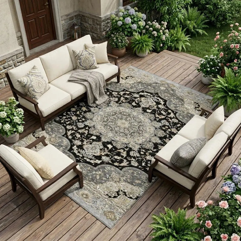 8' X 10' Black And Graphite Oriental Washable Indoor Outdoor Area Rug Homeroots Outdoor