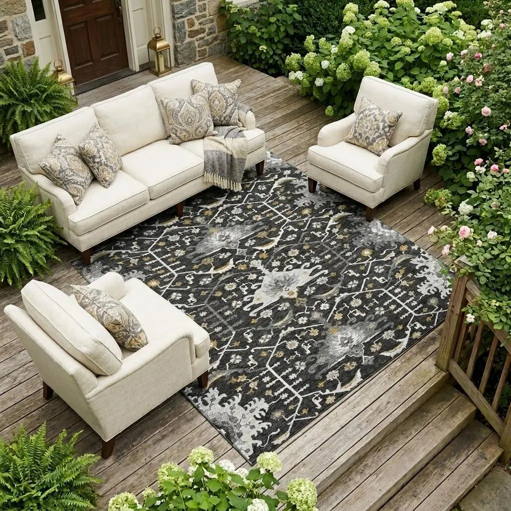 8' X 10' Black And Graphite Oriental Washable Indoor Outdoor Area Rug Homeroots Outdoor