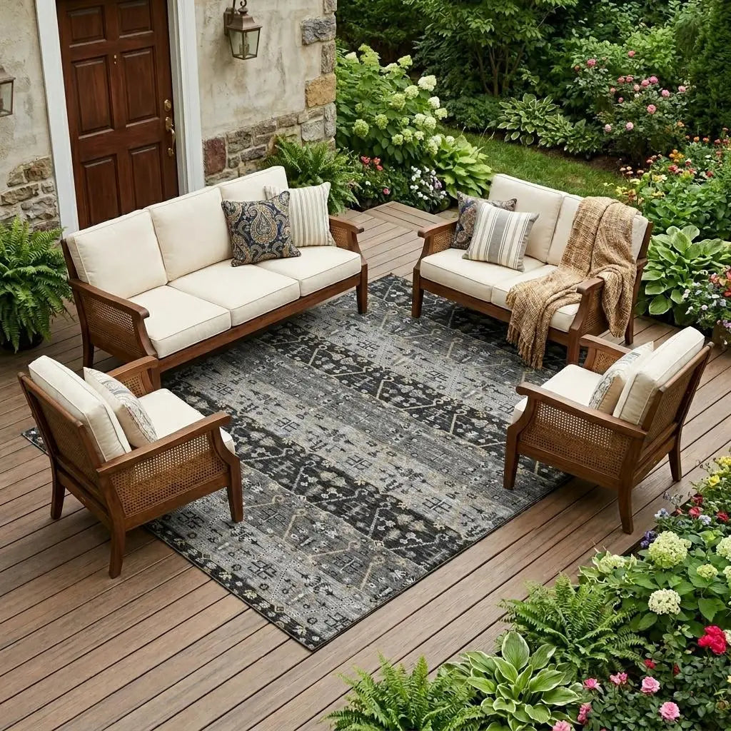 8' X 10' Black And Graphite Oriental Washable Indoor Outdoor Area Rug Homeroots Outdoor