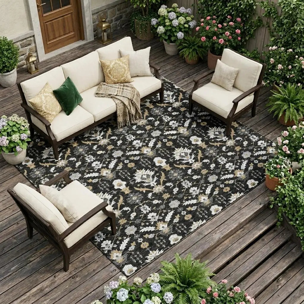 8' X 10' Black And Graphite Oriental Washable Indoor Outdoor Area Rug Homeroots Outdoor