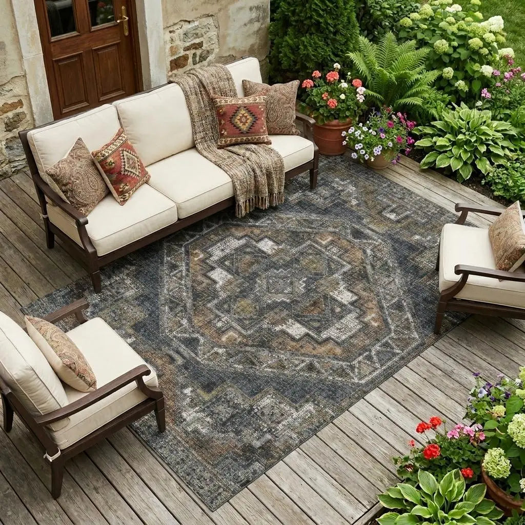 8' X 10' Black And Graphite Southwestern Washable Indoor Outdoor Area Rug Homeroots Outdoor
