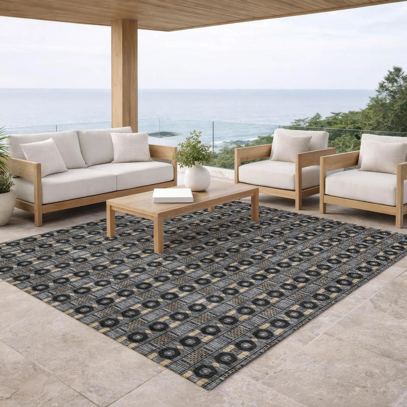 8' X 10' Black And Graphite Striped Washable Indoor Outdoor Area Rug Homeroots Outdoor
