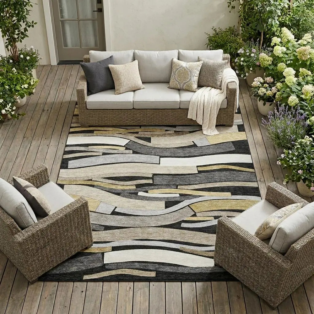8' X 10' Black And Graphite Striped Washable Indoor Outdoor Area Rug Homeroots Outdoor