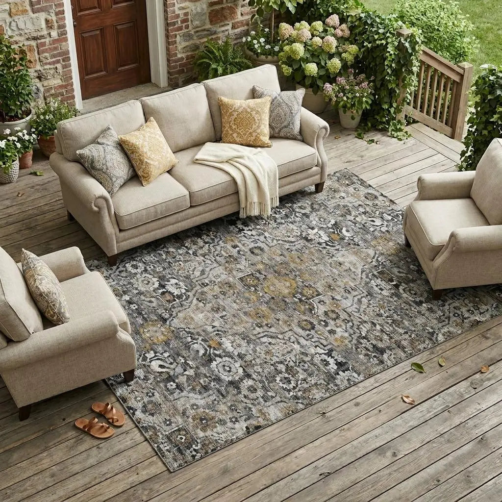 8' X 10' Black And Gray Floral Medallion Washable Indoor Outdoor Area Rug Homeroots Outdoor