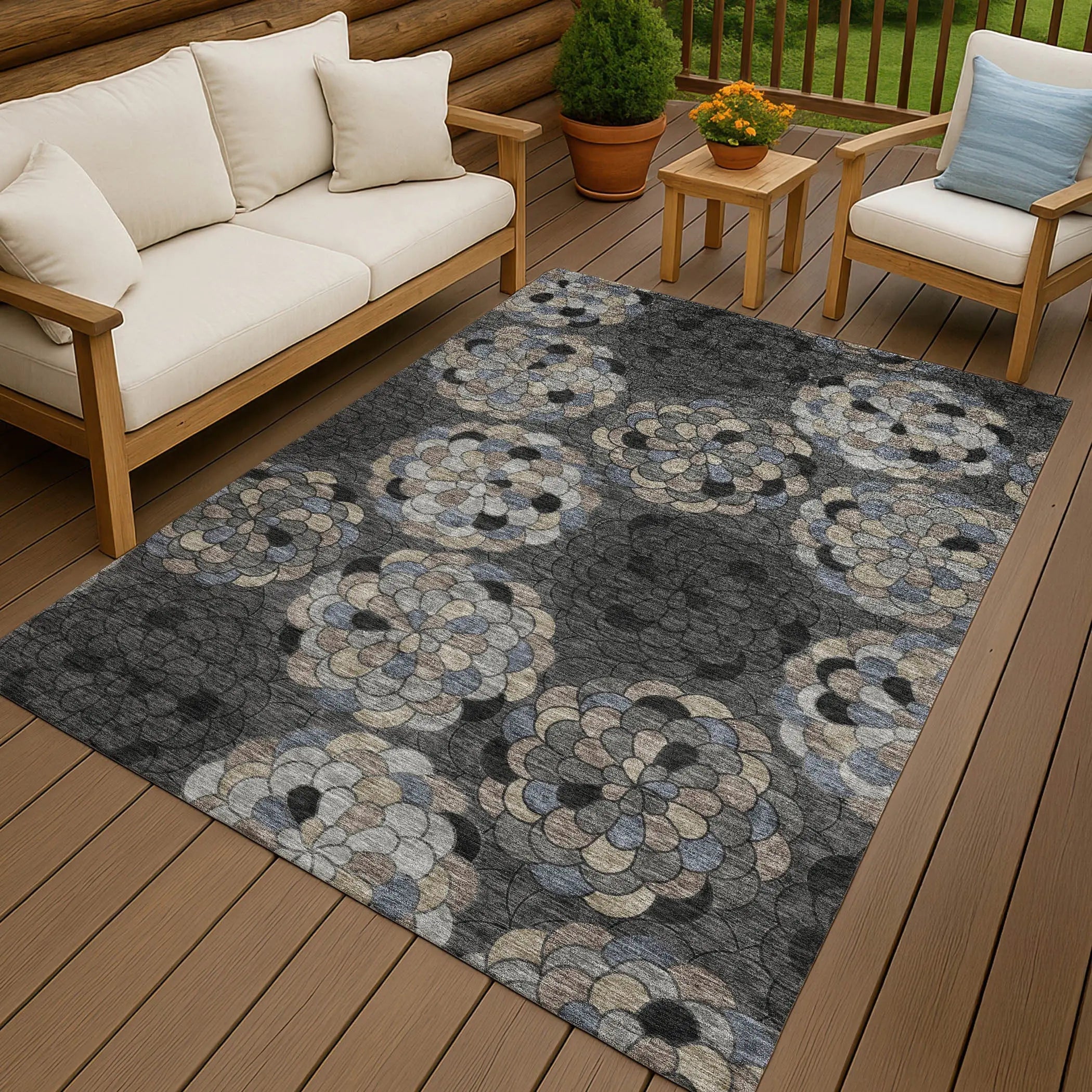 8' X 10' Black And Gray Floral Washable Indoor Outdoor Area Rug Homeroots Outdoor